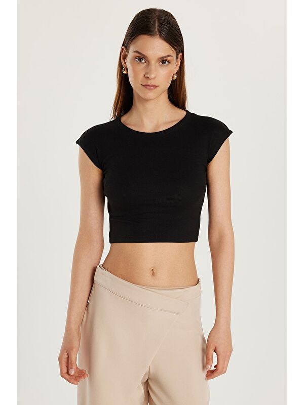 TUDORS Kadın Modal Kumaş Slim Fit Dar Kesim Kısa Kollu Bisiklet Yaka Siyah Bluz