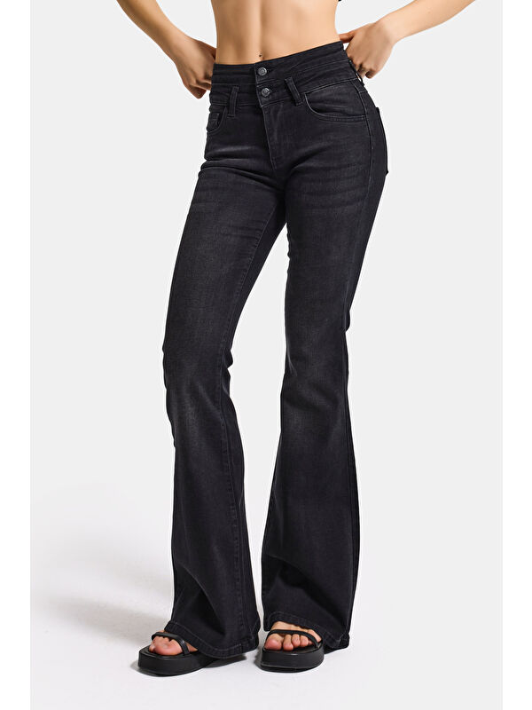 It's Basic Kadın Koyu Füme 2s6-1 Flare Fit Esnek Elastan Kumaş Denim Jean
