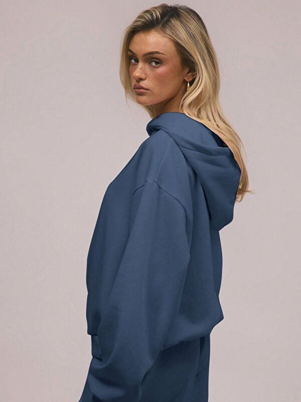 Trendseninle 3 İplik İndigo Mavi Bol Kalıp Sweatshirt Hoodie