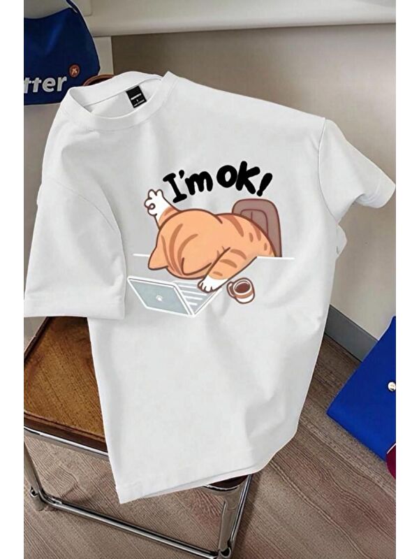 Oksit Yorgun Kedi İllüstrasyonlu Unisex Tasarım Tişört