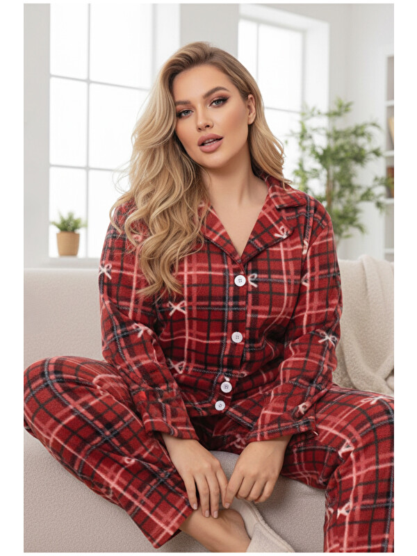 Siyah İnci bordo fiyonk desenli Nakışlı Büyük Beden Polar Kışlık Örme Pijama Takım
