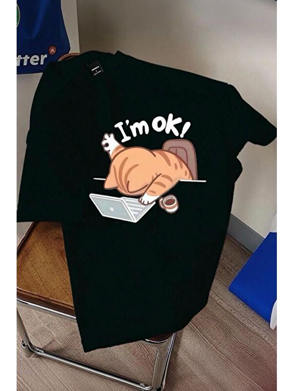 Oksit Yorgun Kedi İllüstrasyonlu Unisex Tasarım Tişört