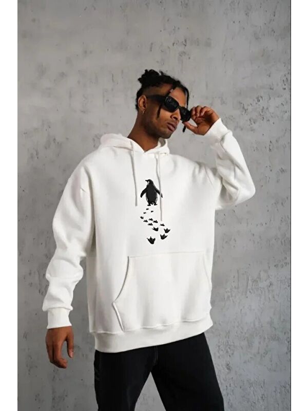 Jane's Erkek Nihilist Penguen Temalı Oversize Kapüşonlu Sweatshirt - Beyaz