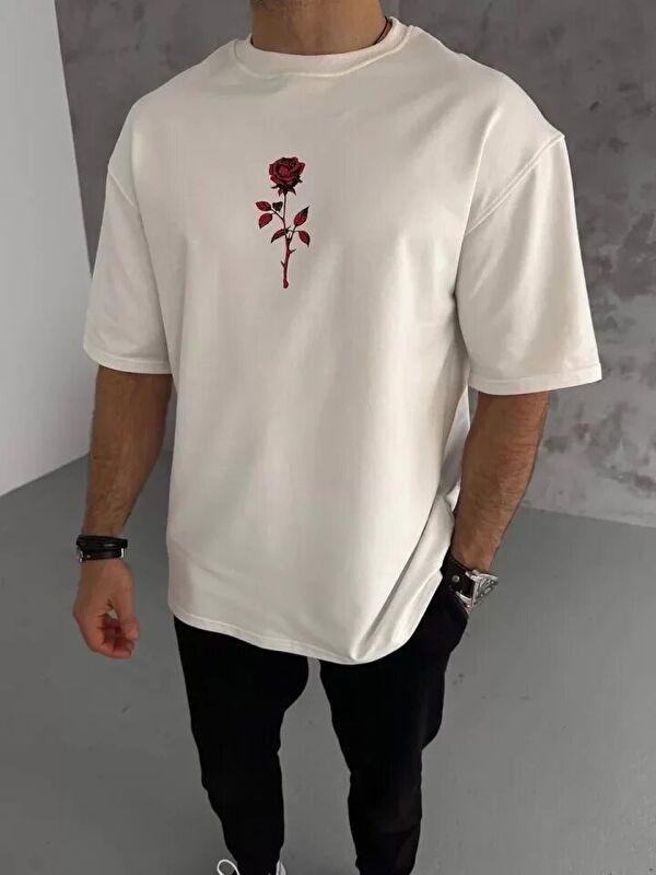 Jane's Unisex Bisiklet Yaka Baskılı Oversize T-Shirt - Beyaz
