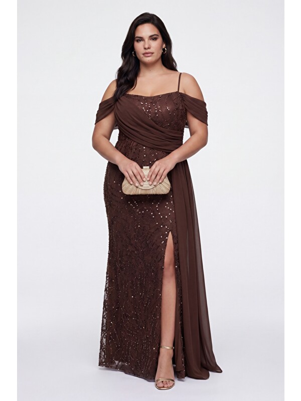 Lafaba Kadın Kahverengi İnce Askılı Kayık Yaka Boncuklu Büyük Beden Abiye Elbise