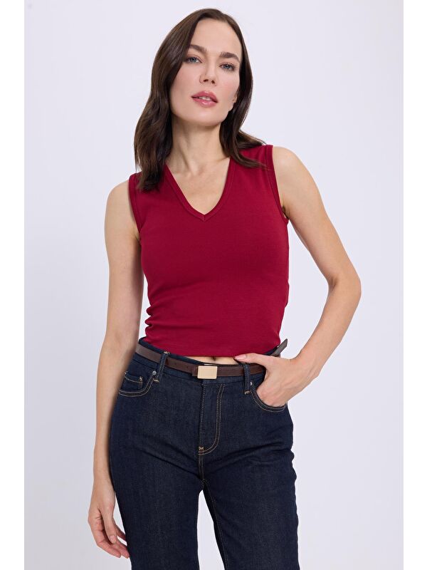 TUDORS Kadın Slim Fit Dar Kesim V Yaka Sıfır Kol Pamuklu Ribanalı Bordo Bluz