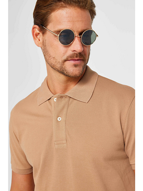 TUDORS Erkek Slim Fit Dar Kesim %100 Pamuk Vizon Polo Yaka Tişört