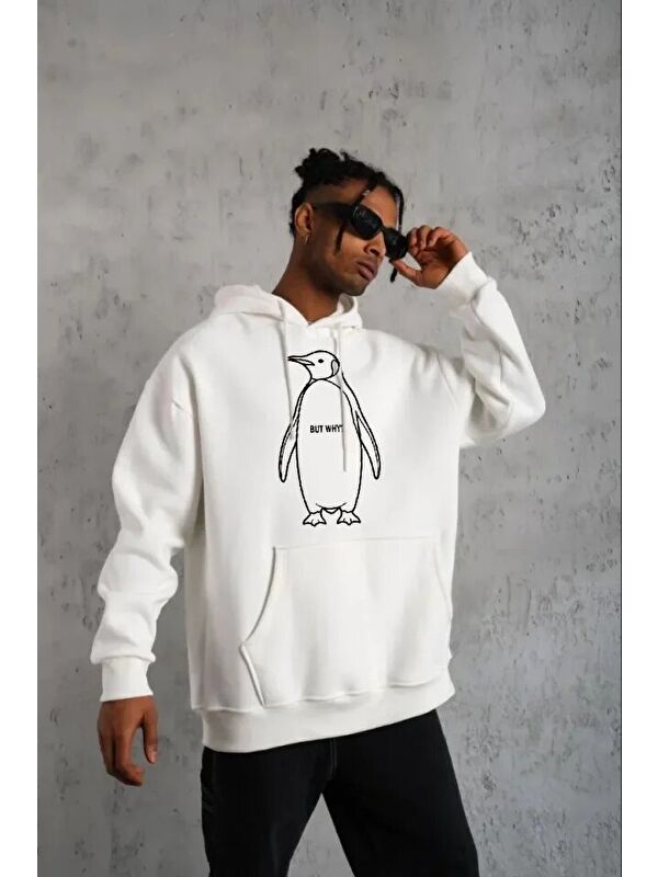 Jane's Erkek Nihilist Penguen Özel Tasarım Oversize Kapüşonlu Sweatshirt - Beyaz