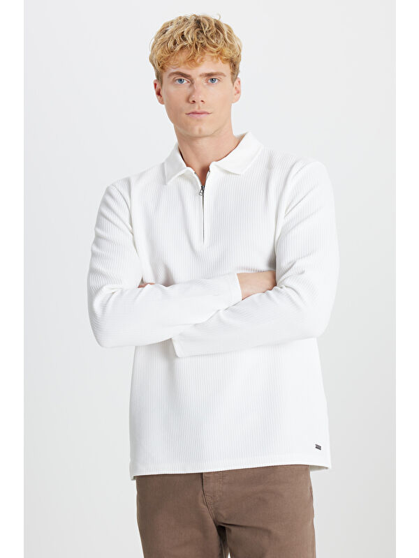 AC&Co / Altınyıldız Classics Erkek Ekru Normal Kesim Polo Yaka Jakarlı Esnek Uzun Kollu Tişört