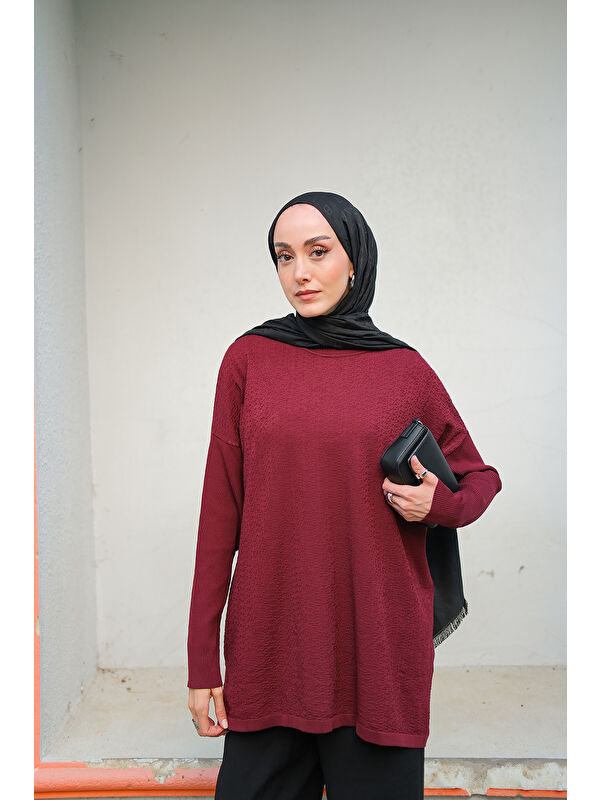 Locco Moda Kadın Kendinden Desenli Tunik Bordo