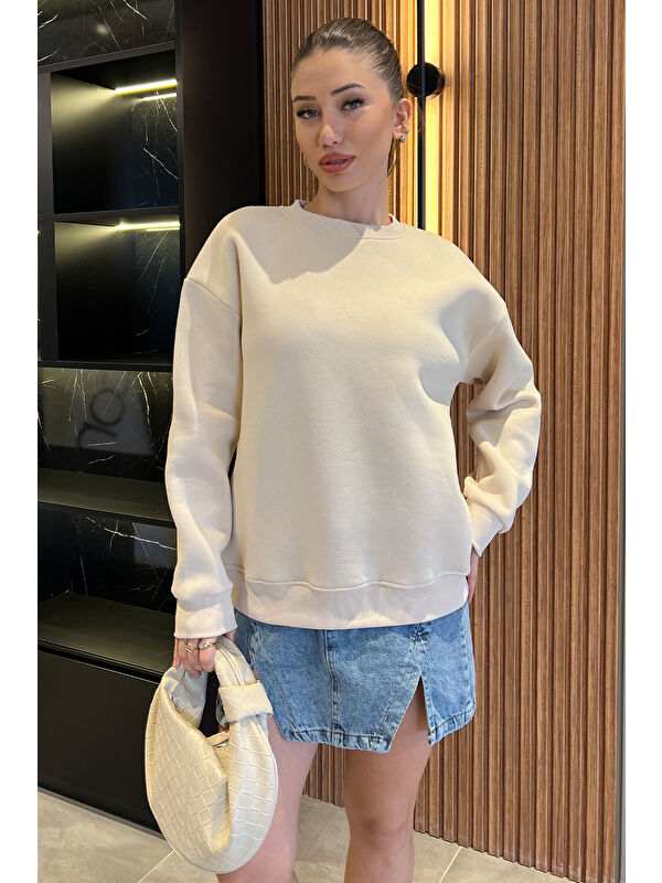 Gülseli Kadın Üç İplik Şardonlu Bisiklet Yaka Sweatshirt