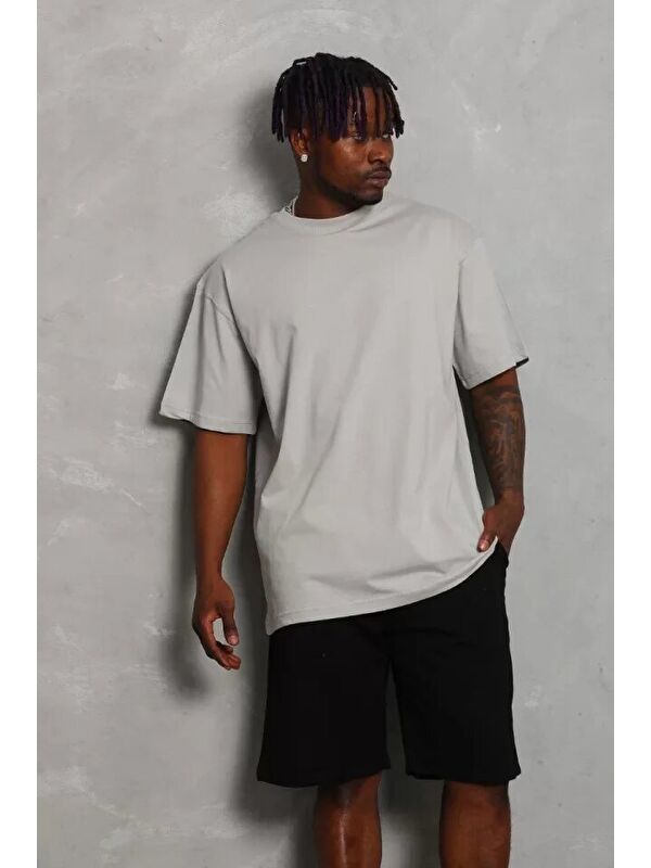 Jane's Unisex Oversize Düz Bisiklet Yaka T-Shirt - Gri