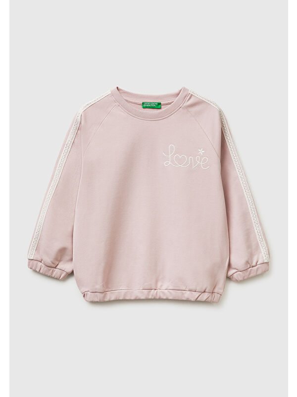 United Colors Of Benetton Kız Çocuk Gül Kurusu Logo İşlemeli Ribanalı Bisiklet Yaka Sweatshirt