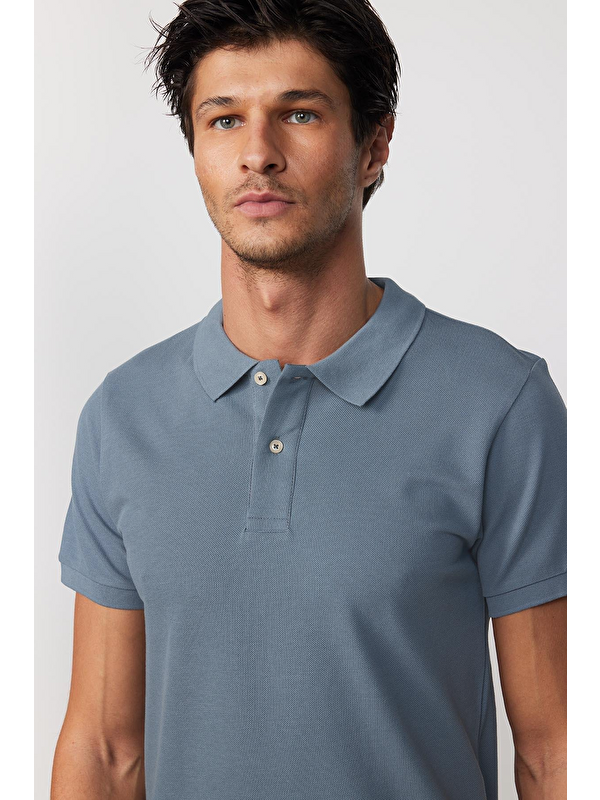 TUDORS Erkek Slim Fit Dar Kesim %100 Pamuk Mavi Polo Yaka Tişört