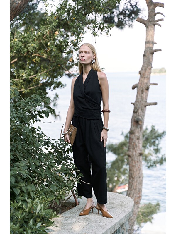 Bohemai Struana Kruvaze Siyah Crop Pantolon Takım