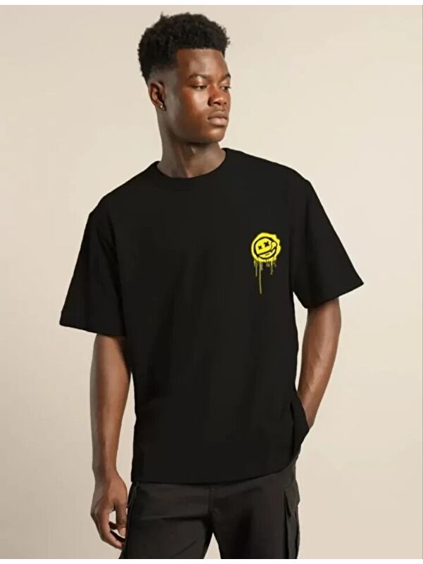Jane's Unisex Bisiklet Yaka Baskılı Oversize T-Shirt - Siyah