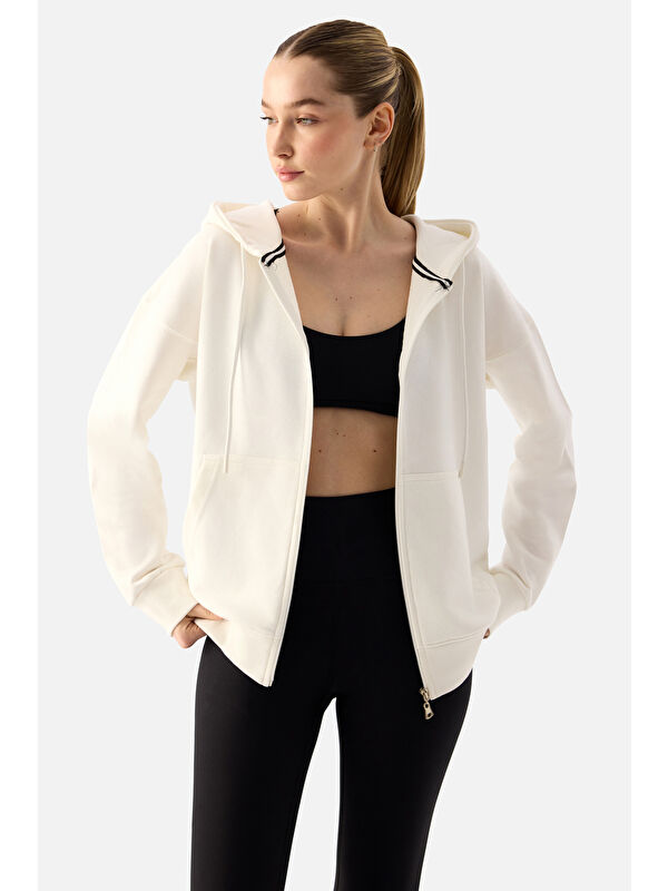 Superstacy Luna Fermuarlı Kapüşonlu Krem Sweatshirt