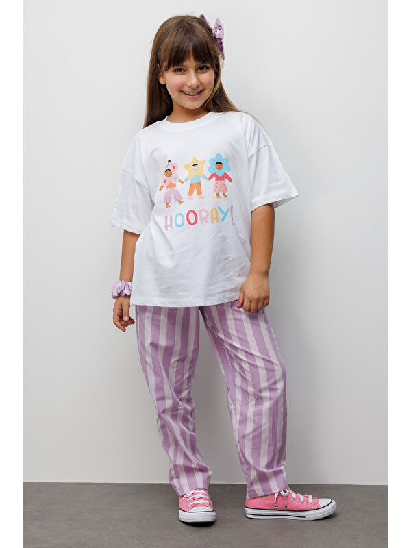 Le Mabelle Lila Hooray Baskılı Çizgi Desenli Çocuk Tişört Pantolon Takım - Edna