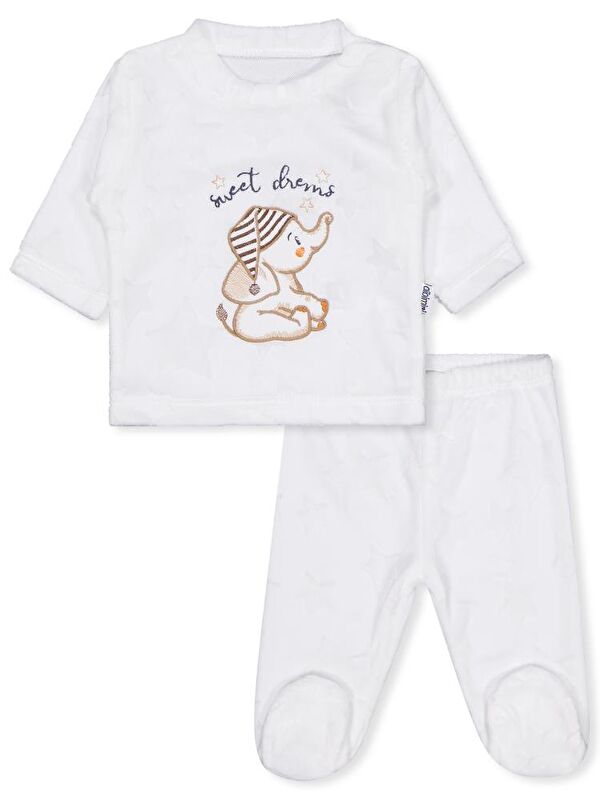 Minidamla Filli Nakış Patikli 2Li 1-6 Ay Pijama Takımı - Ekru 6-9 Ay