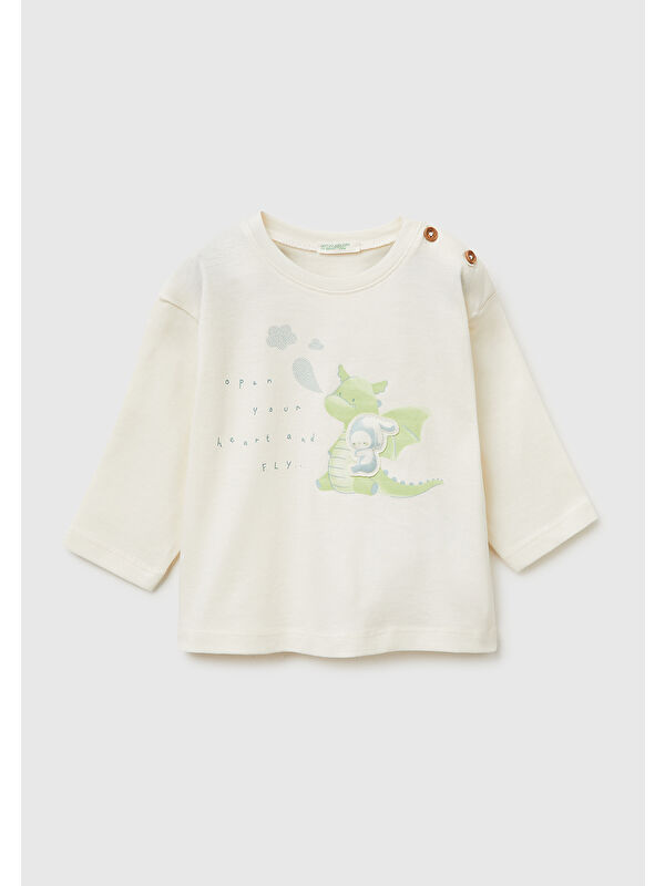 United Colors Of Benetton Bebek Krem Omzu Ahşap Düğme Detaylı İşlemeli Baskılı Uzun Kollu T-Shirt