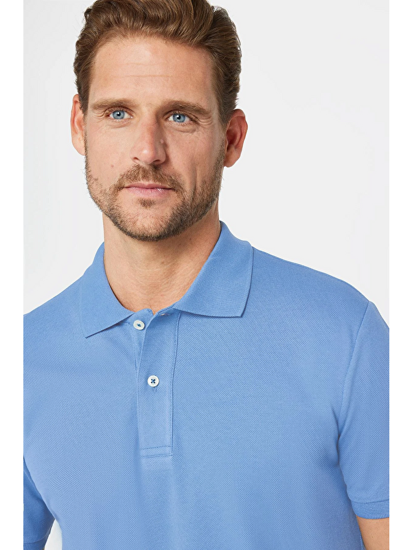 TUDORS Erkek Slim Fit Dar Kesim %100 Pamuk Mavi Polo Yaka Tişört