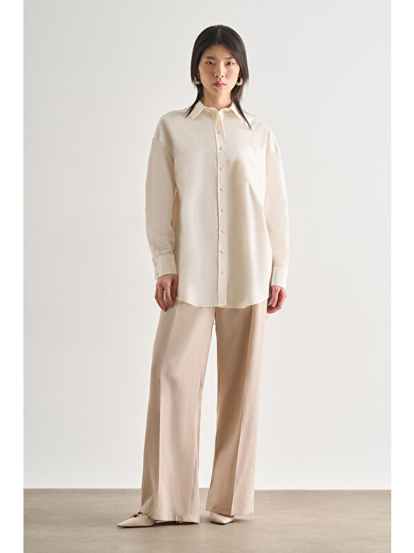 Mizalle Premium Saf Pamuk Ekru Oversize Gömlek