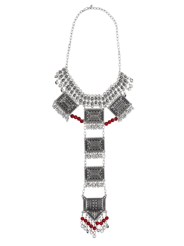 Labalaba Kadın Kırmızı Antik Boncuk Detaylı Sallantılı Gümüş Kaplama Choker