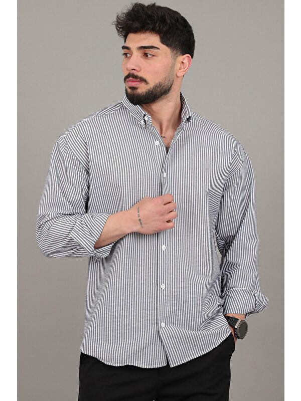 Stilkombin İnce Çizgili Oversize Yazlık Uzun Kol Gömlek MRS 218_40415