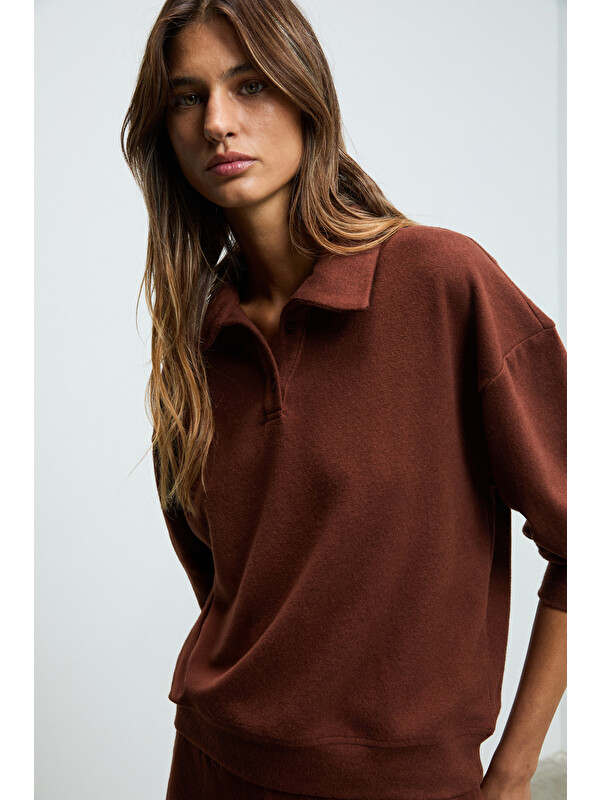 GRIMELANGE SILKEN Kadın Yumuşak Ve Esnek Kumaşlı Polo Yakalı KAHVERENGİ Sweatshirt