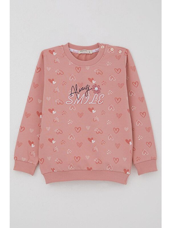 Breeze Kız Çocuk Sweatshirt Kalp Desenli Yazı Baskılı Gülkurusu (1.5-4 Yaş)