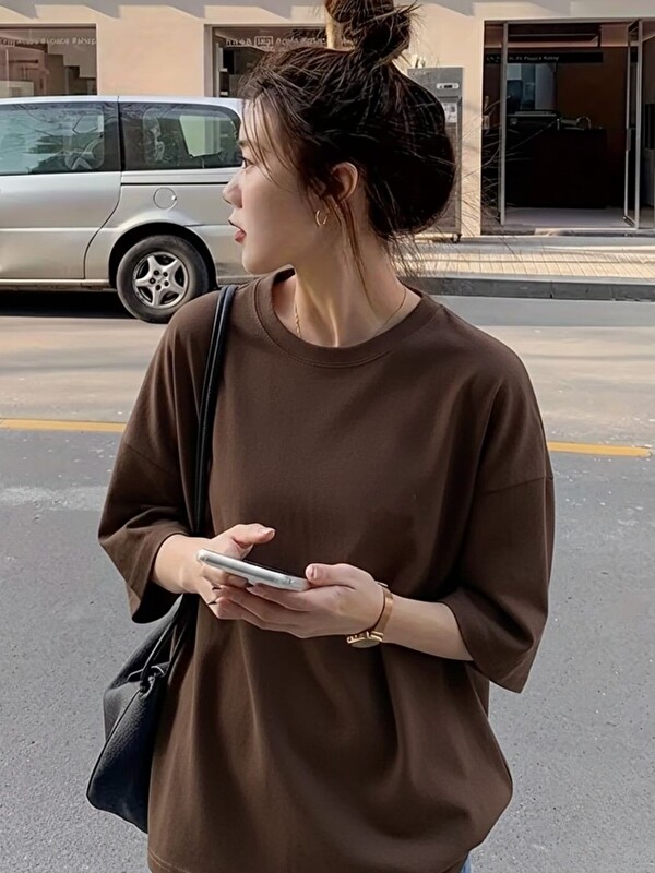 Trendseninle Kadın Kahve Advende Baskılı Oversize Tişört