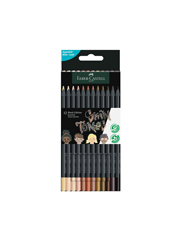Faber-Castell Black Edition Boya Kalemi 12’li Skin Tones, Siyah Lata, Siyah Kağıda Uyumlu, Ergonomik Üçgen Gövde