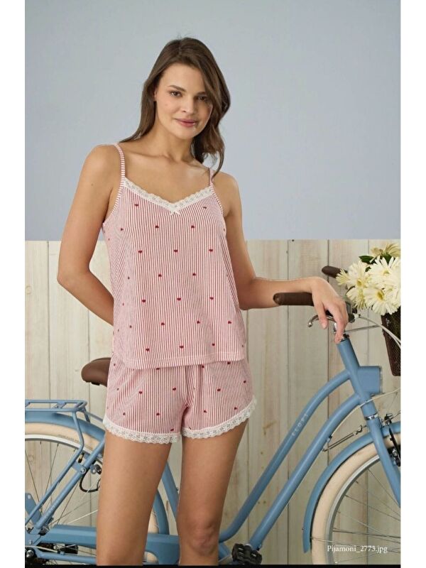 Formo Kadın Kırmızı Kalpli İp Askılı Şortlu Pijama Takımı