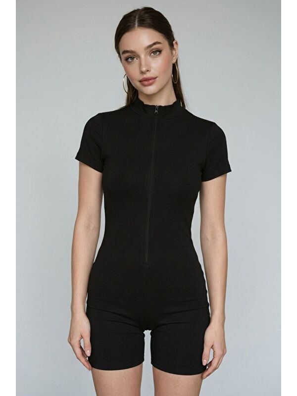 Madmext Siyah Slim Fit Fermuarlı Şort Tulum Mg2794