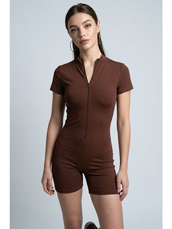 Madmext Kahverengi Slim Fit Fermuarlı Şort Tulum Mg2794