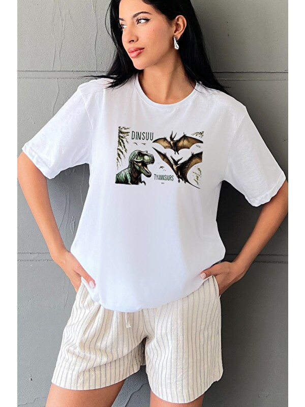 Blah. Dinozor Baskılı Yapay Zeka Tasarımı Ekolojik Penye Oversize %100 Pamuk Kadın Tişört @BlahxAi