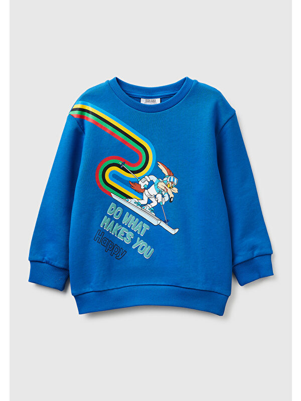 United Colors Of Benetton Erkek Çocuk Mavi Baskı ve Yazı Detaylı Bisiklet Yaka Sweatshirt