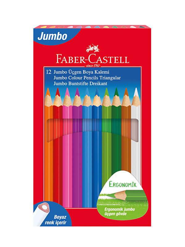 Faber-Castell Jumbo Üçgen Boya Kalemi, 12 Renk, Ergonomik Gövde, Beyaz Renk İçerir, Kalın Uçlu