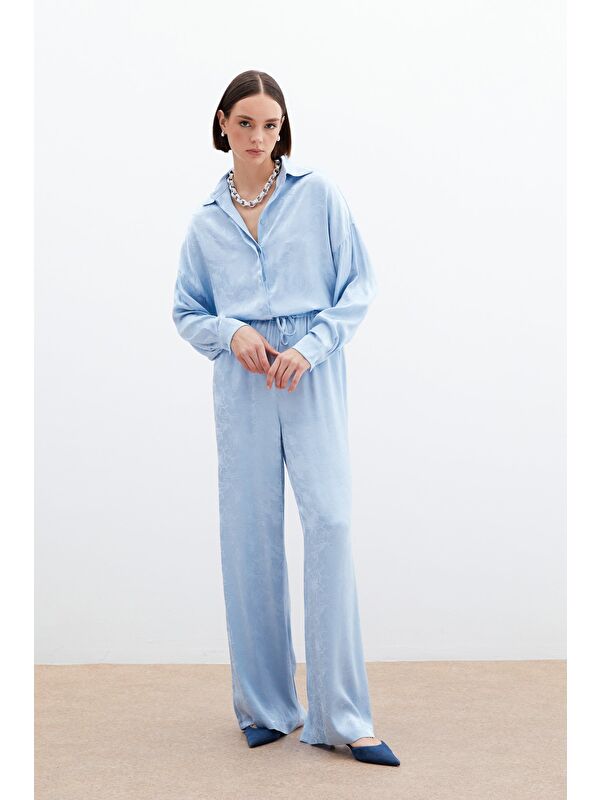 SATEEN Jakarlı Saten Pantolon - Bebe Mavi