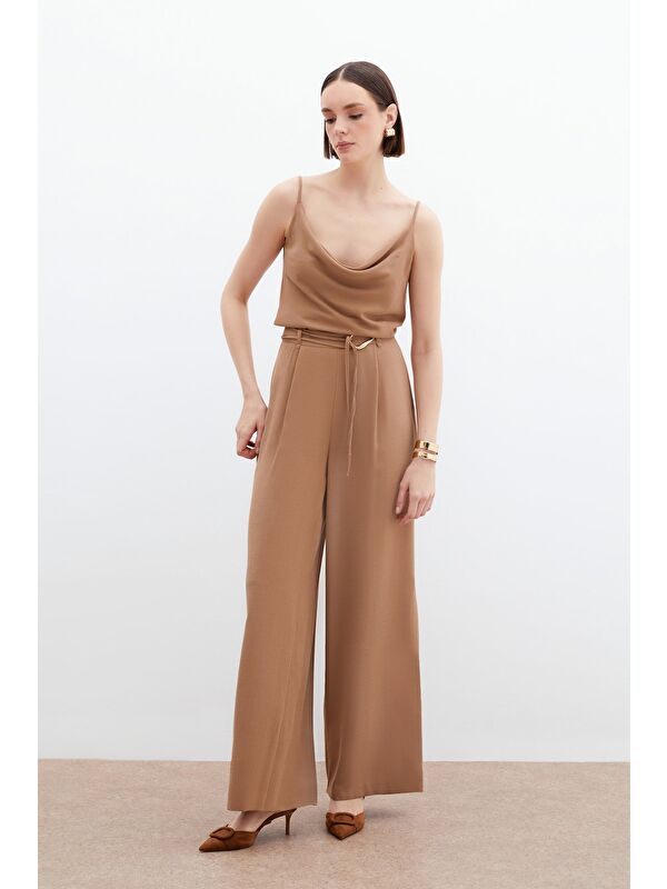SATEEN Kemerli Salaş Pantolon - Vizon