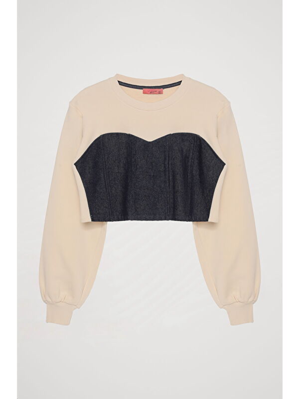 QUZU Match Detaylı Crop Sweatshirt Bej