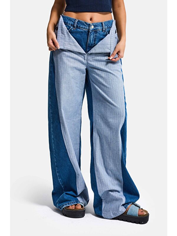 It's Basic Kadın Jean Rengi Palazzo Fit Çift Kemer Detaylı Özel Tasarım Denim Jean