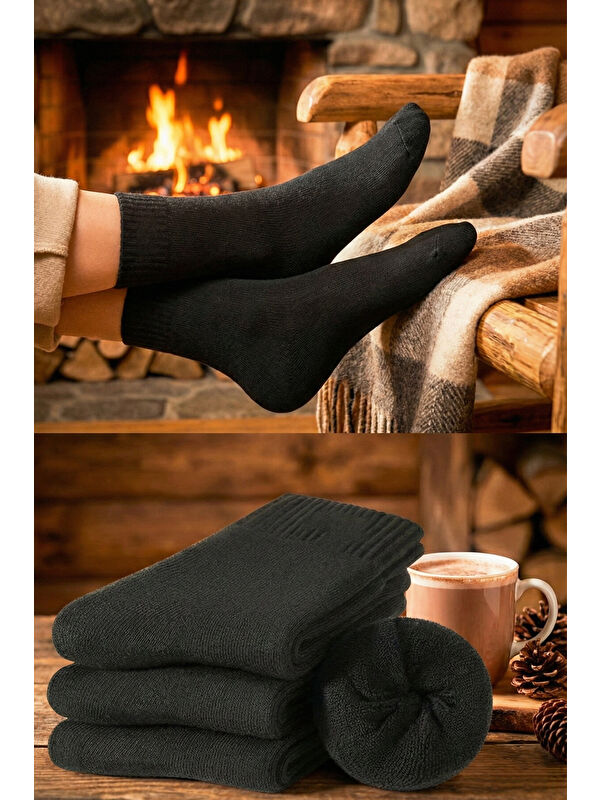 BGK Unisex 3 Çift Siyah Blok Kışlık Havlu Çorap