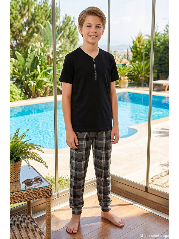 Remsa Genç Erkek Çocuk Kısa Kol Şortlu Pijama Takımı 4377 Siyah