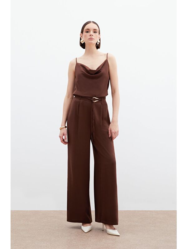 SATEEN Kemerli Salaş Pantolon - Kahve