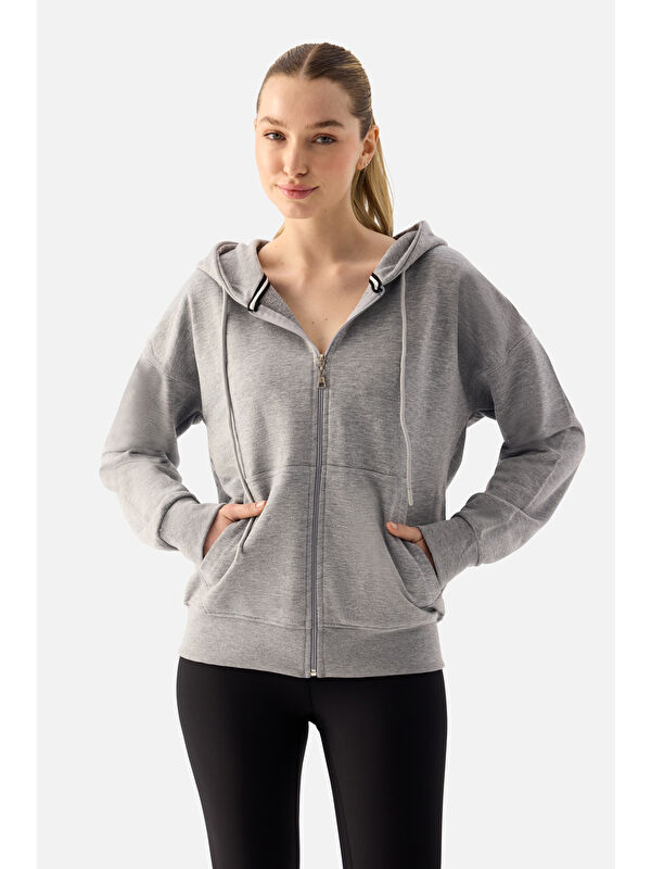 Superstacy Luna Fermuarlı Kapüşonlu Gri Melanj Sweatshirt