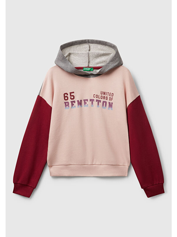 United Colors Of Benetton Kız Çocuk Siyah-Gri Mix Önü Logo Baskılı Ribanalı Kapüşonlu Sweatshirt