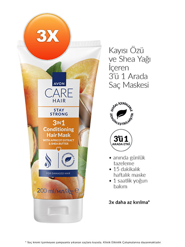 AVON Care Kayısı Özü ve Shea Yağı İçeren 3’ü 1 Arada Saç Maskesi 200ml Üçlü Paket