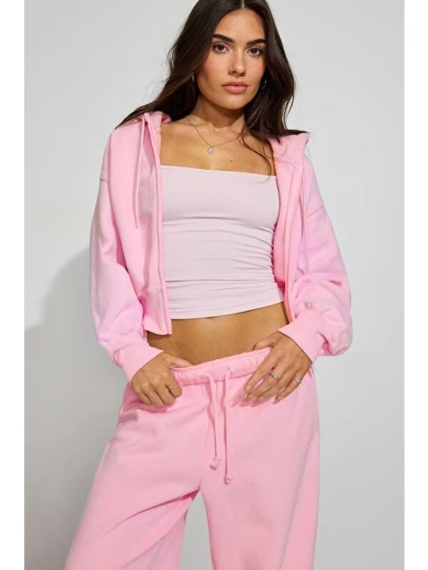 Madmext Pembe Crop Kapüşonlu Fermuarlı Kadın Sweatshirt Mg2608
