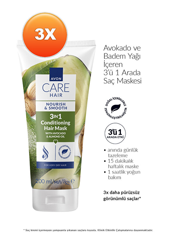 AVON Care Avokado ve Badem Yağı İçeren 3’ü 1 Arada Saç Maskesi 200ml Üçlü Paket